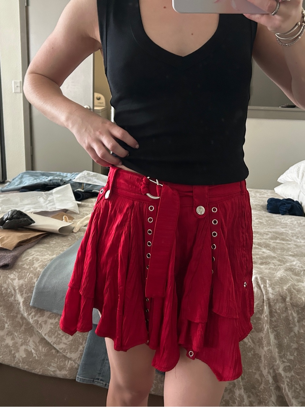 Free People Red Tiered Mini Skirt with Grommet Belt